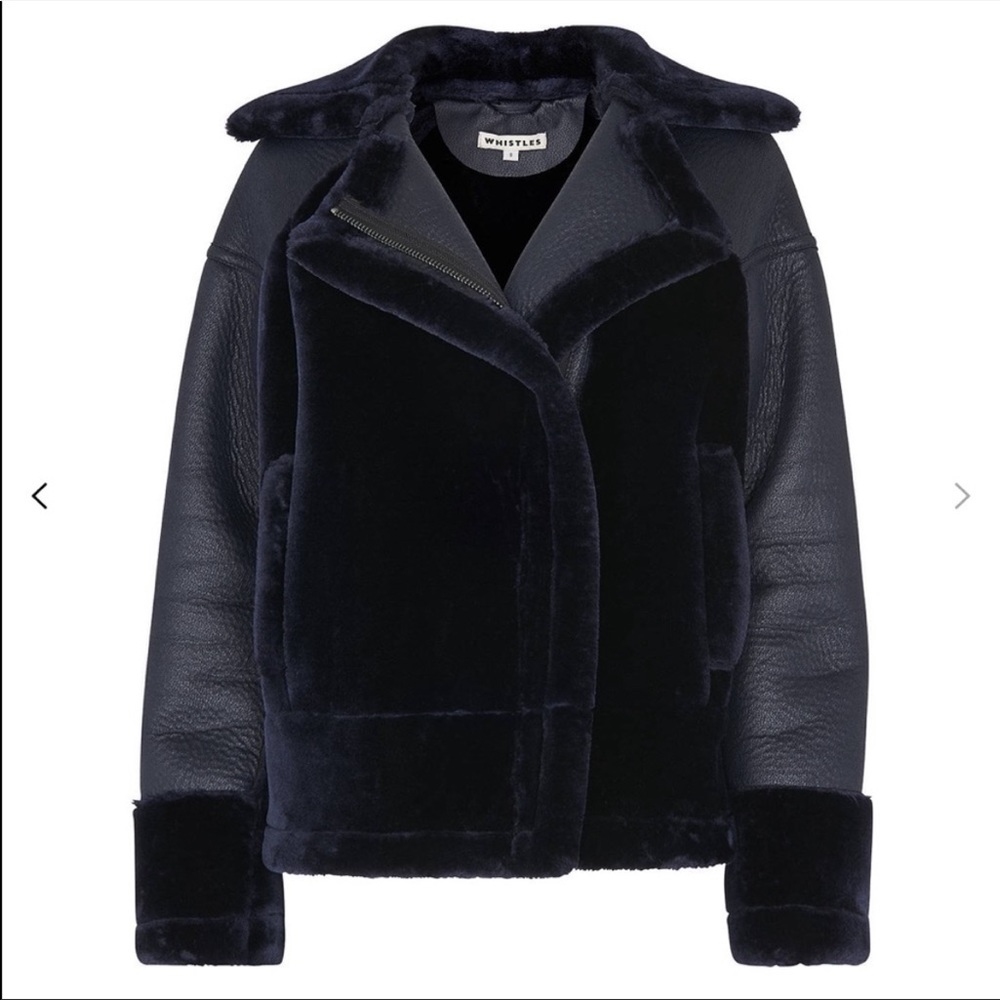 Whistles - navy blue faux fur biker jacket - NWT